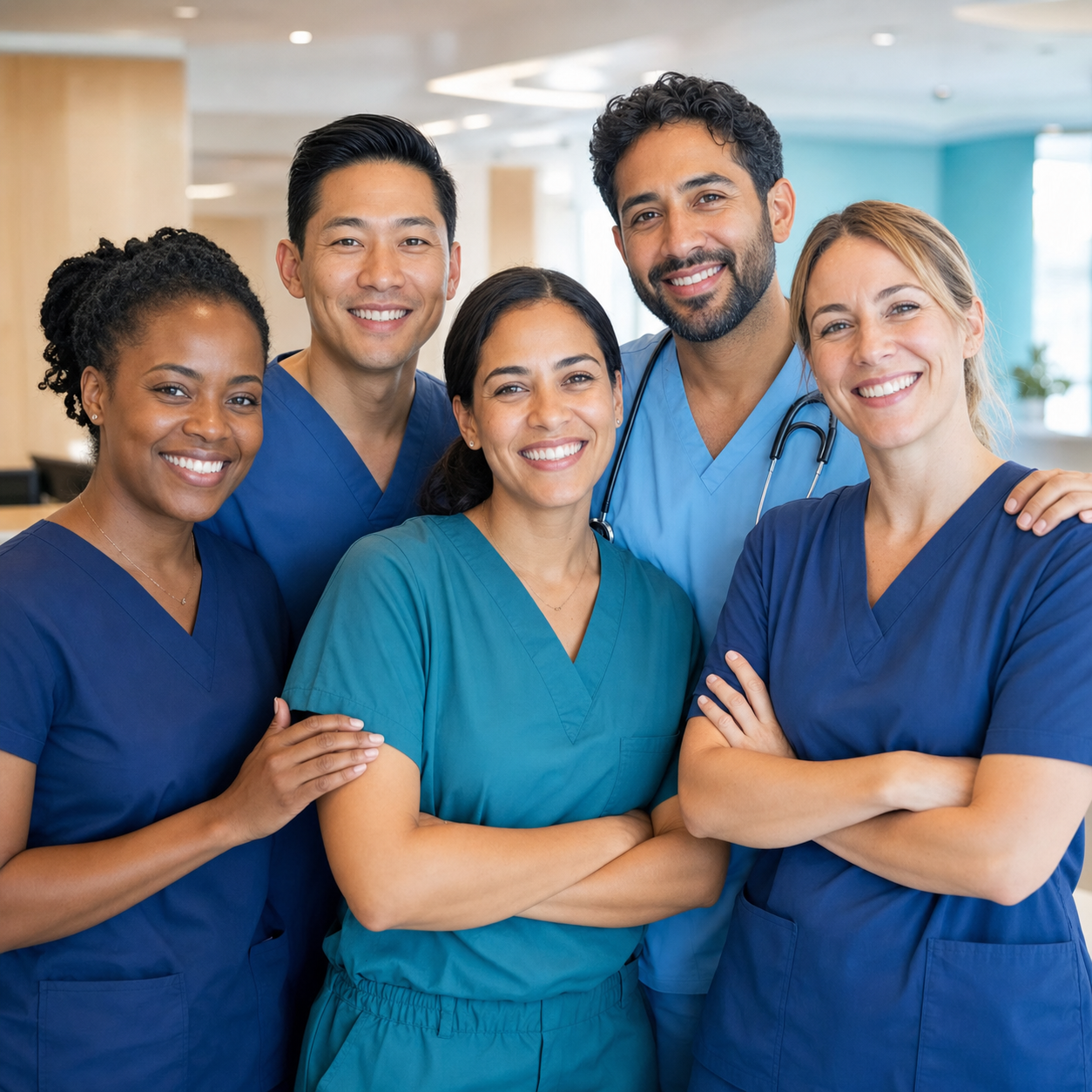 A diverse team of smiling SynMedCare healthcare professionals